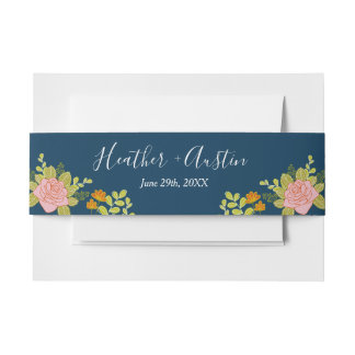 Floral Dark Navy Blue Wedding Botanic Invitation Belly Band
