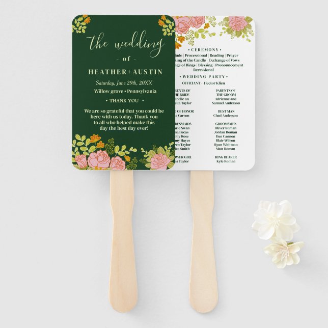 Floral Dark Navy Blue Wedding Botanic Program Hand Fan (Front and Back)