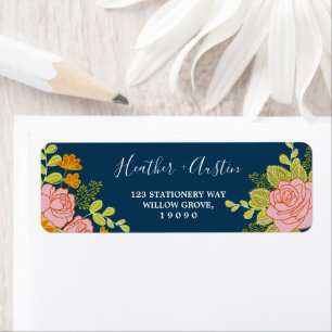 Floral Dark Navy Blue Wedding Botanic Return Address Label