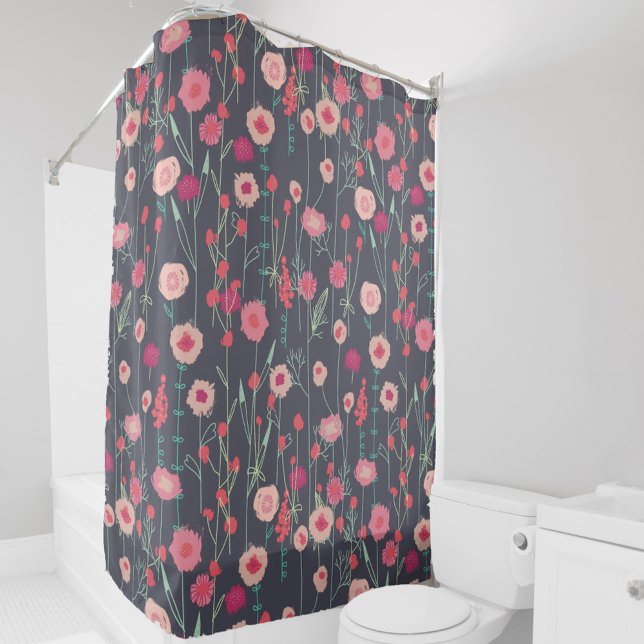 Floral Dark Pattern Shower Curtain (Modern dark floral pink and black Plymouth Flowers art shower curtain)