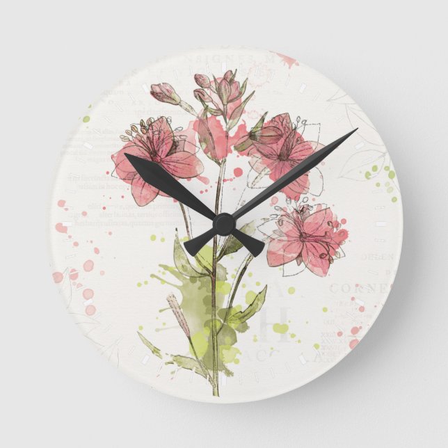 Floral Dark Pink Splash Round Clock (Front)