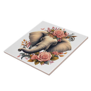 Floral dawn elephant art ceramic tile