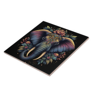 Floral dawn elephant art ceramic tile