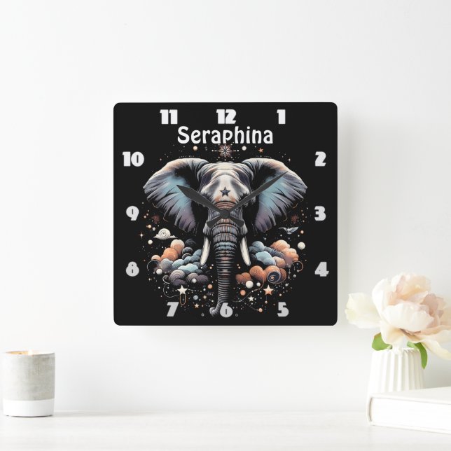 Floral dawn elephant art square wall clock (Home)