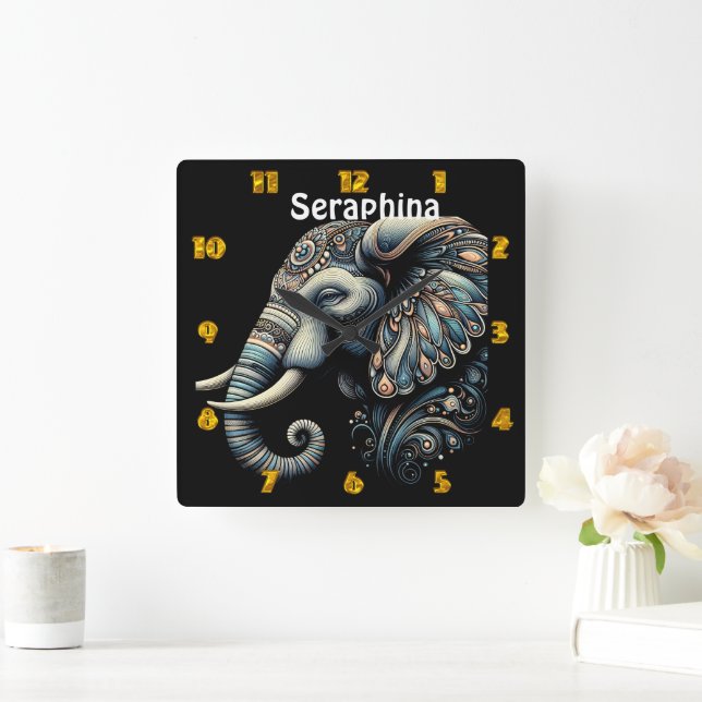Floral dawn elephant art square wall clock (Home)