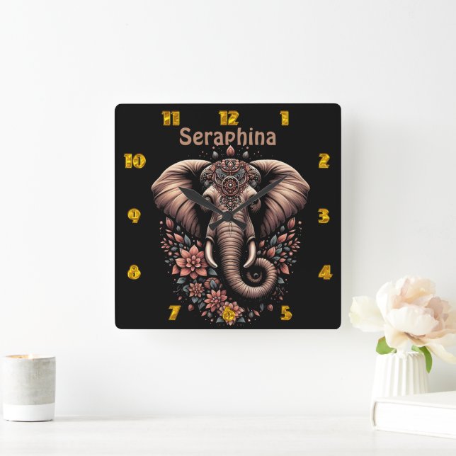 Floral dawn elephant art square wall clock (Home)