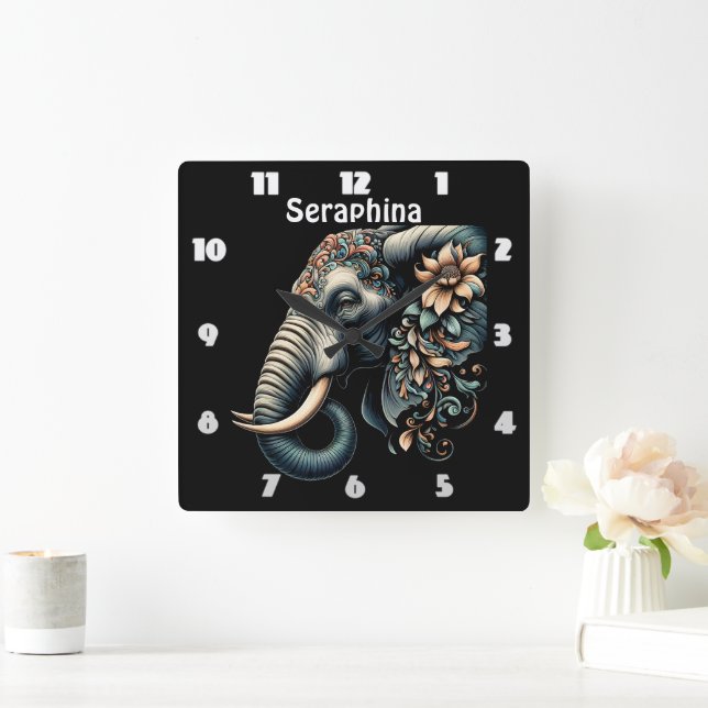 Floral dawn elephant art square wall clock (Home)