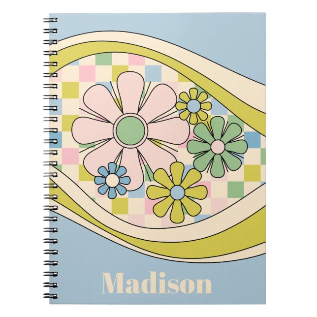 Floral Daydream Retro 60s Pastel Chequered Pattern Notebook (Front)
