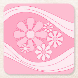 Floral Daydream Retro 60s Pink Pastel Square Paper Coaster