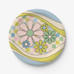 Floral Daydream Retro Flower Checked 60s Pastel Paper Plate
