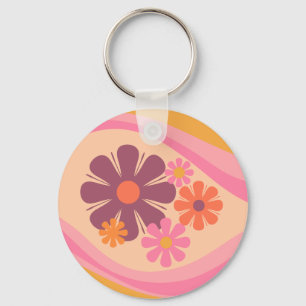 Floral Daydream Retro Flower Pattern Pink Orange  Key Ring
