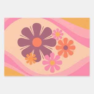 Floral Daydream Retro Flower Pattern Pink Orange Wrapping Paper Sheet
