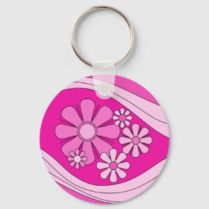 Floral Daydream Retro Hot Pink 60s Flowers Key Ring
