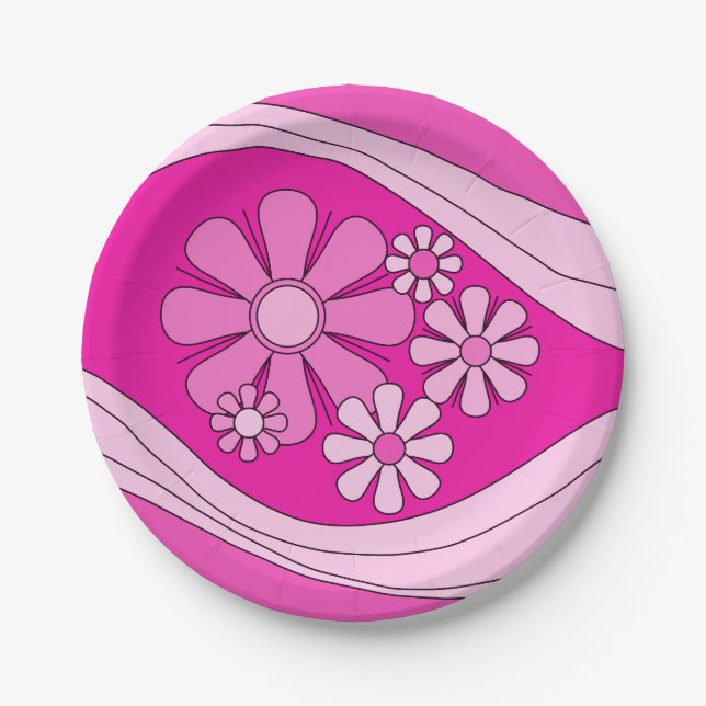 Floral Daydream Retro Hot Pink 60s Flowers Paper Plate (Front)