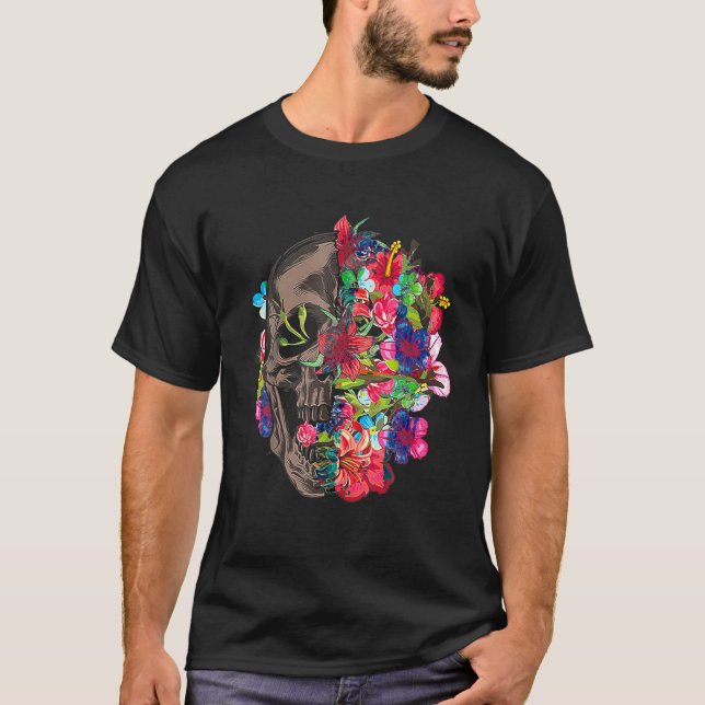 Floral Dead Sugar Skull Flower Roses T Shirt (Front)