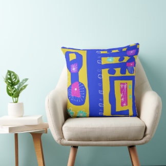 Floral Decal Ethnic Print Blue Mustard White  Cushion