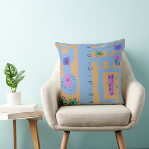 Floral Decal Ethnic Print Blue Orange Black Cushion