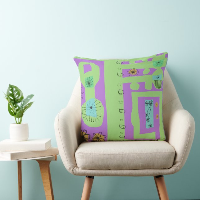 Floral Decal Ethnic Print Green Purple Black Cushion (Chair)