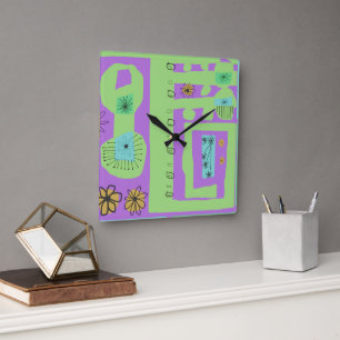 Floral Decal Ethnic Print Green Purple Black Square Wall Clock