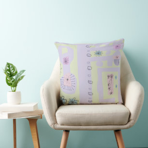 Floral Decal Ethnic Print Light Purple Green Black Cushion