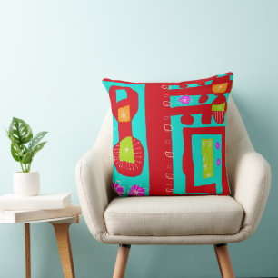 Floral Decal Ethnic Print Red Turquoise White Cushion