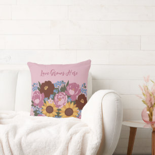 Floral Decor Love Grows Here - Peonies sunflowers Cushion