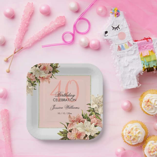 Floral Decorations Feminine Birthday Paper Plate (Party)