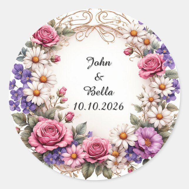Floral Decorative Wreath Classic Round Sticker (Front)
