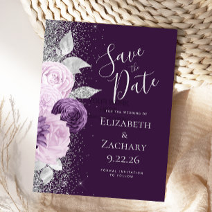 Floral Deep Purple Lavender Silver Glitter Postcard