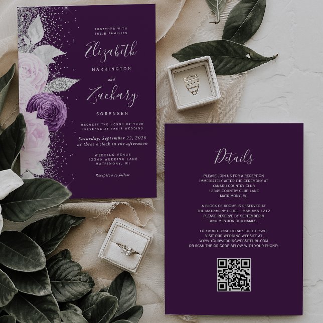 Floral Deep Purple Silver Glitter QR Code Wedding Invitation (Creator Uploaded)