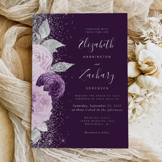 Floral Deep Purple Silver Glitter Wedding (Creator Uploaded)