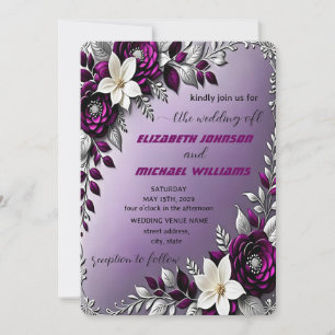 Floral Deep Purple Silver Wedding Invitation
