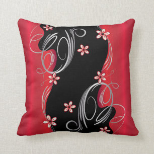 Floral Deep Red and Black Swirl Design Cushion