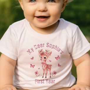 Floral Deer And Butterfly Girl First Birthday Baby T-Shirt