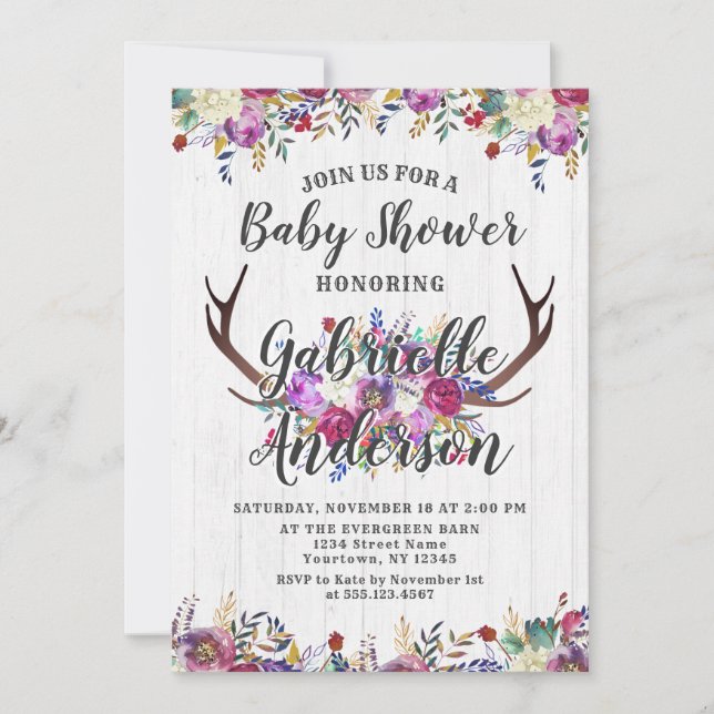Floral Deer Antler Bouquet Baby Shower Invitation (Front)
