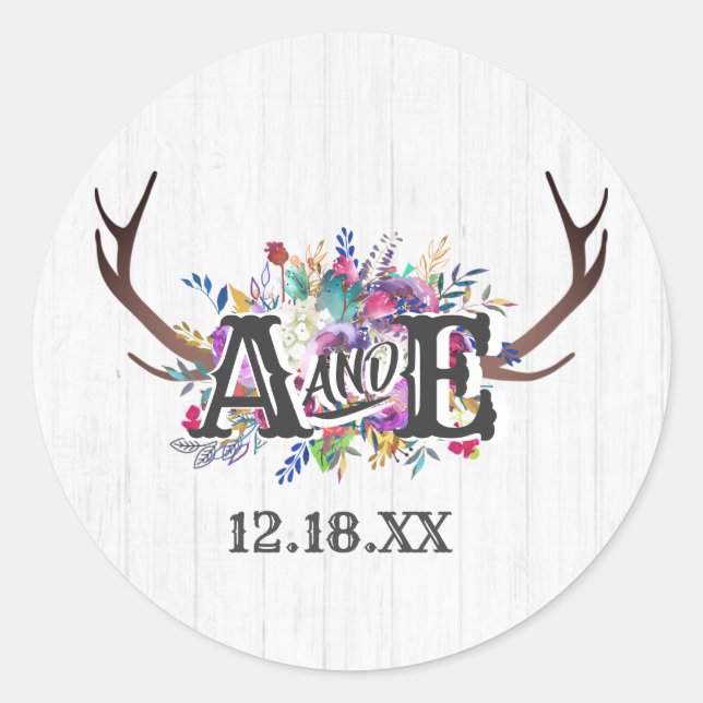 Floral Deer Antler Bouquet Rustic Monogram Wedding Classic Round Sticker (Front)