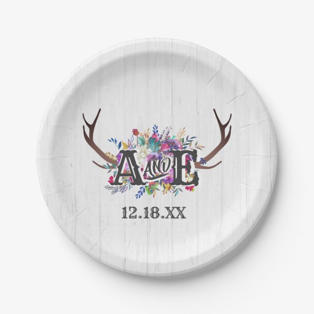 Floral Deer Antler Bouquet Rustic Wedding Monogram Paper Plate (Front)