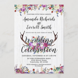 Floral Deer Antler Bouquet Wedding Invitation
