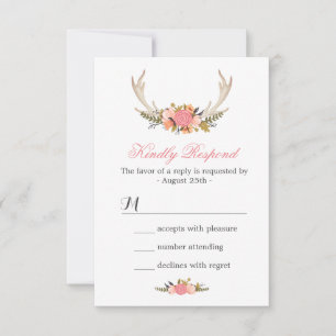 Floral Deer Antler Wedding RSVP Reply Card