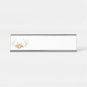 Floral Deer Antlers Desk Name Plate