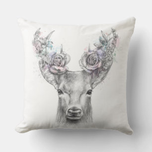 Floral deer antlers pink watercolor illustration cushion