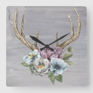 Floral Deer Antlers Square Wall Clock