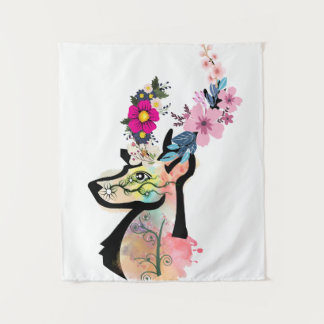 Floral Deer Art-Nature & Wildlife Illustration  Tapestry
