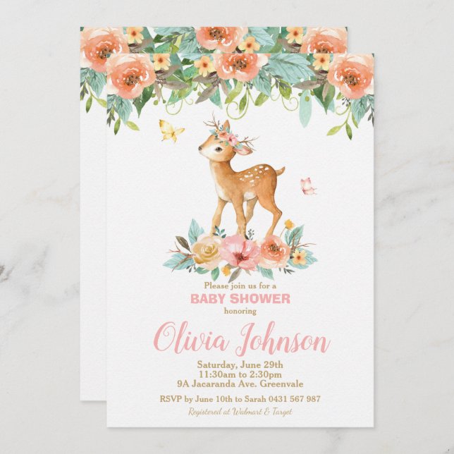 Floral Deer Baby Shower Woodland Animals Baby Girl Invitation (Front/Back)