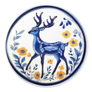Floral Deer Blue & White Woodland Folk Animal Art Ceramic Knob
