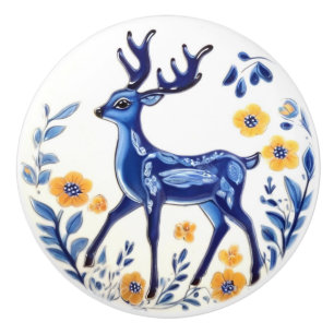 Floral Deer Blue & White Woodland Folk Animal Art Ceramic Knob
