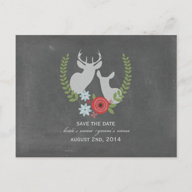 Floral Deer Chalk Inspired Save The Date Announcement Postcard (Front)