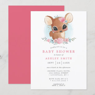 Floral Deer Cute Woodland Doe Girl Baby Shower Invitation