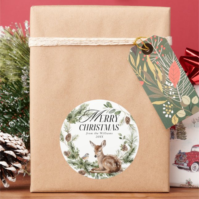 Floral Deer Elegant Modern Merry Christmas Classic Round Sticker (Holiday)