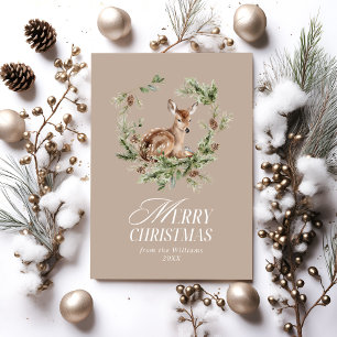Floral Deer Elegant Modern Merry Christmas Holiday Card